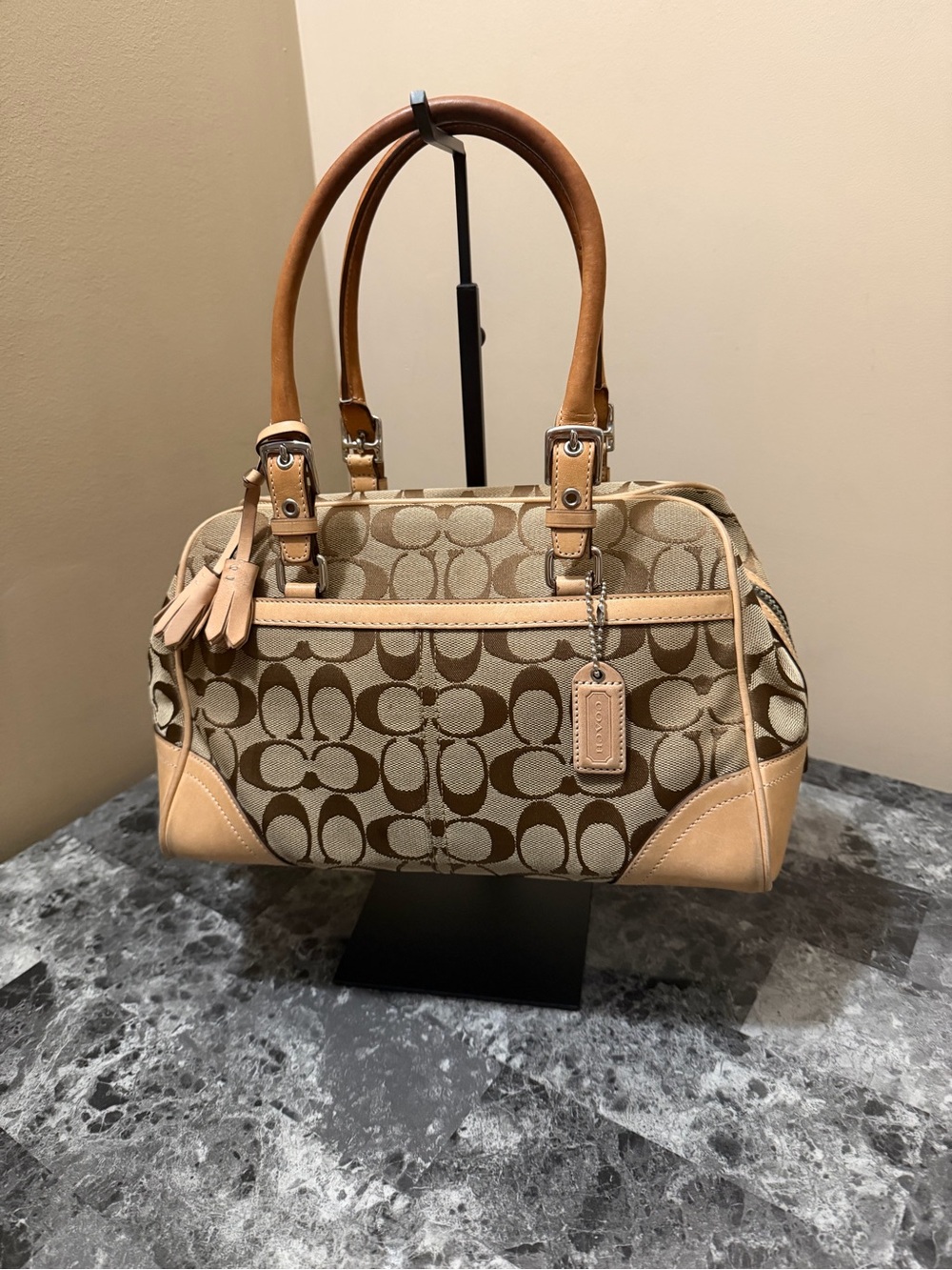 COACH Canvas Leather Beige Brown Handbag - Picture 2 of 7